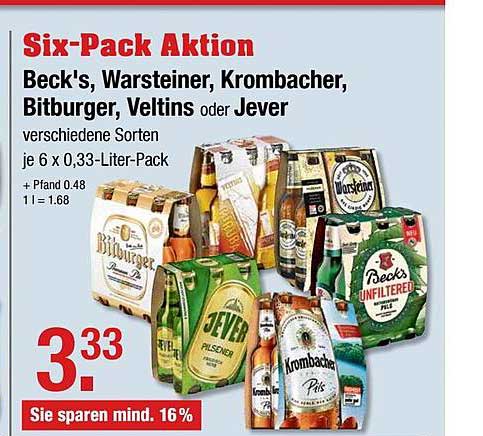 Sixpack Aktion Beck's, Warsteiner, Krombacher, Bitburger, Veltins Oder