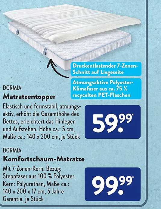 Dormia Matratzentopper, Dormia Komfortschaum Matratze Angebot bei ALDI