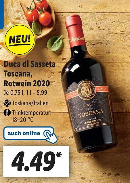 Duca Di Sasseta Toscana, Rotwein 2020 Angebot bei Lidl