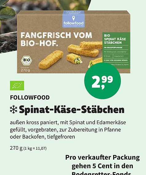 Erdi Biomarkt Followfood Spinat-käse-stäbchen