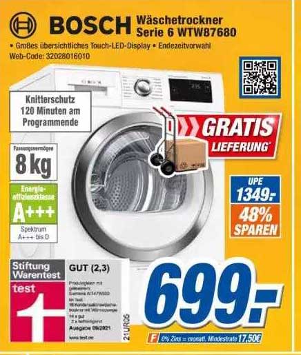 Expert Klein Bosch Wäschetrockner Serie 6 Wtw87680