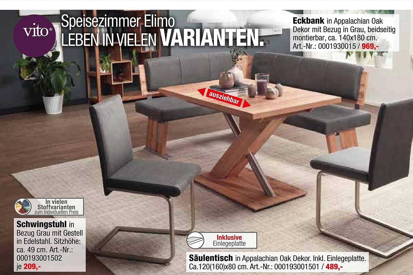 Vito Eckbank, Schwingstuhl, Säulentisch Angebot bei Opti Wohnwelt