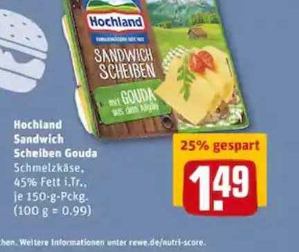 Angebot REWE bei Scheiben Hochland Sandwich Gouda