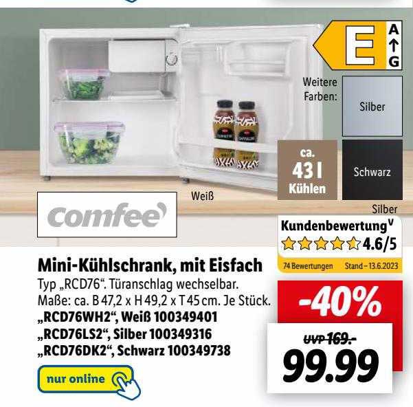 Comfee Minikühlschrank, Mit Eisfach Typ „rcd76“ Angebot bei Lidl