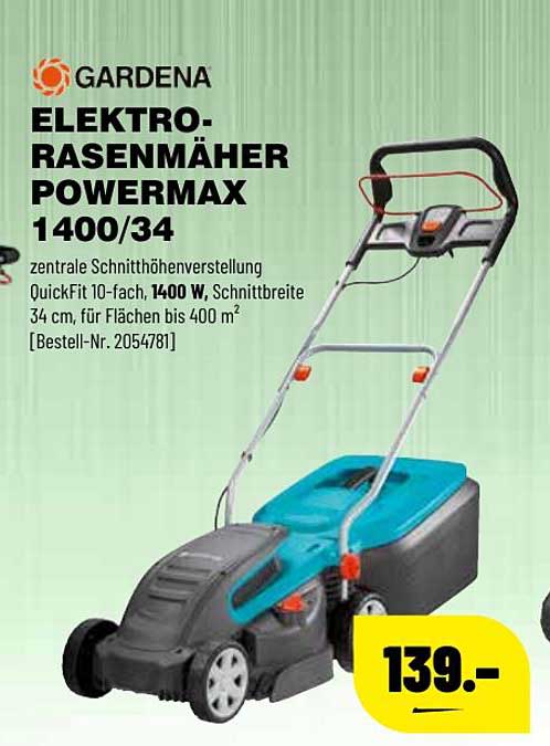 1400 Angebot bei Elektro-rasenmäher Leitermann Powermax 34 Gardena Baumarkt