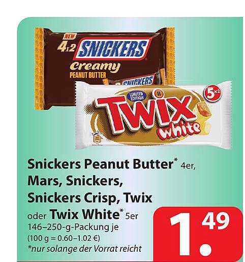 Snickers Peanut Butter, Mars, Snickers, Snickers Crisp, Twix Oder Twix ...