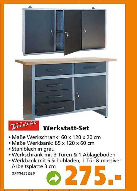 TrendLine Werkstatt-Set Werkbank/Werkschrank Stahlblech grau 