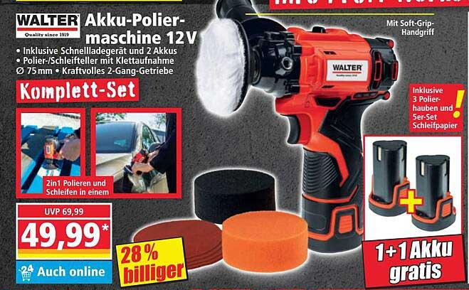 WALTER Akku Schleif- Und Poliergerät 20 V – Mobiler Doppelschleifer Mit Umfangreichem Zubehör