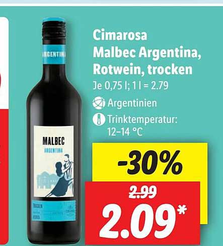 Rotwein, Trocken bei Lidl Angebot Argentina, Cimarosa Malbec