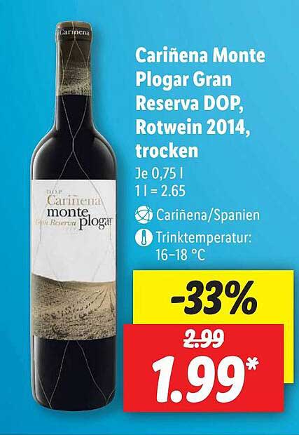 Rotwein bei Gran Angebot Lidl Reserva Plogar Dop Monte Cariñena Trocken 2014