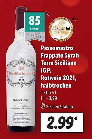 Passomastro Syrah Igp, Halbtrocken 2021, Angebot Lidl Frappato bei Terre Rotwein Siciliane