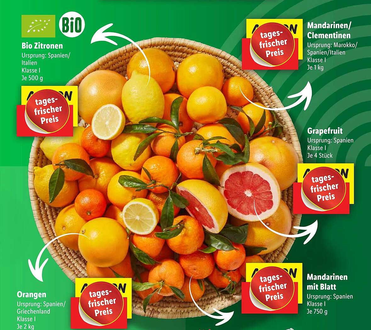 Bio Zitronen, Orangen, Grapefruit Oder Mandarinen Mit Blatt Angebot bei