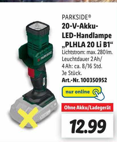 Crivit Parkside 20V Akku-Handlampe – Hell, Neigbar, Mit Haken & Softgriff, Ohne Akku/Ladegerät