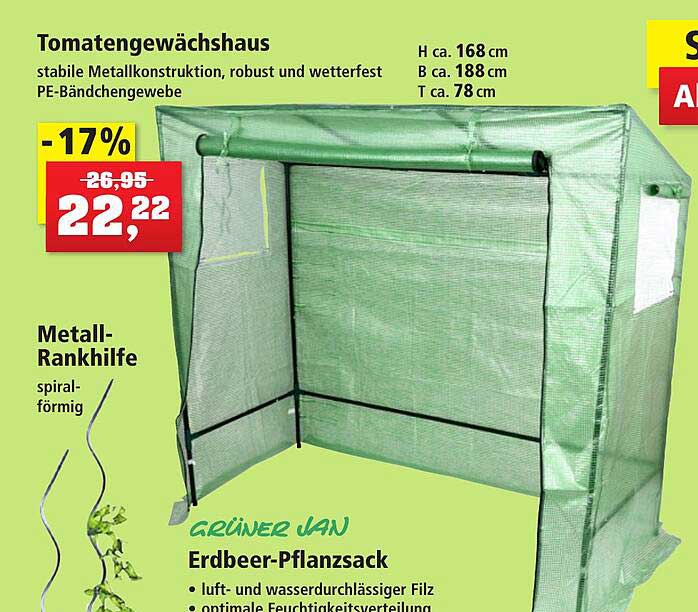Tomatengewächshaus Grüner Jan Erdbeerpflanzsack Angebot bei Thomas