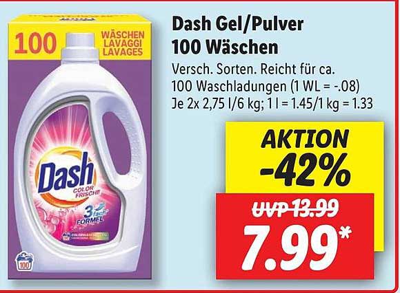 Dash Gel Oder Pulver 100 Wäschen Angebot Lidl