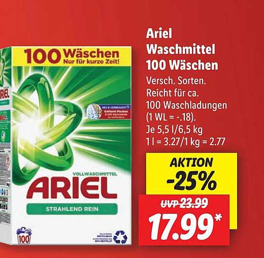 Ariel Waschmittel 100 Wäschen Angebot bei Lidl