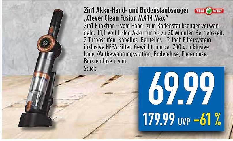 Diska Tele Welt 2in1 Akku-hand- Und Bodenstaubsauger „clever Clean Fusion Mx14 Max“