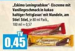 Mix Markt „eskimo Leningradskoe“ - Eiscreme Mit Vanillegeschmack In Kakao Haltiger Fettglasur, Mit Mandlen, Am Stiel