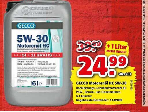GECCO Motoröl »5W-30«, 6 l, Kanister, für PKW-, Benzin- und Dieselmotoren 