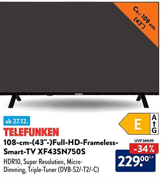 Telefunken 108 Cm 43 Full Hd Frameless Smart Tv Xf43sn750s Angebot Bei Aldi SÜd 1prospektede 2646