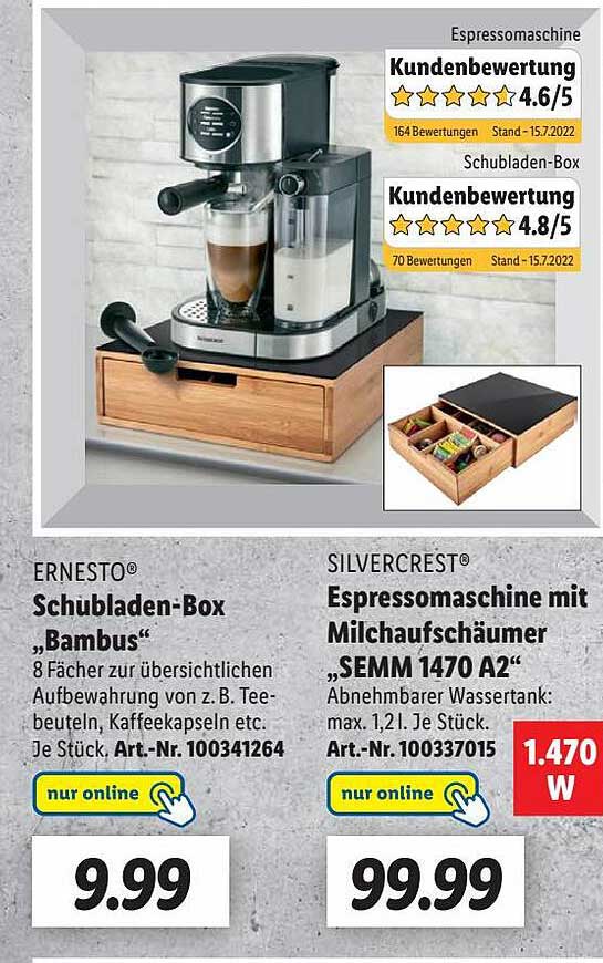 bei Lidl Silvercrest Angebot „semm Ernesto A2” Schubladen-box „bambus” Mit 1470 Milchaufschäumer Espressomaschine