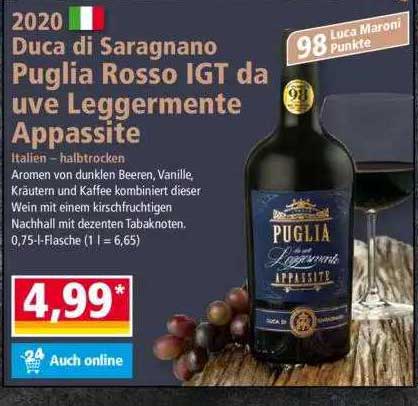 Duca Leggermente Di Rossi Da Appassite Uve bei Puglia IGT Angebot NORMA 2020 Saragnano