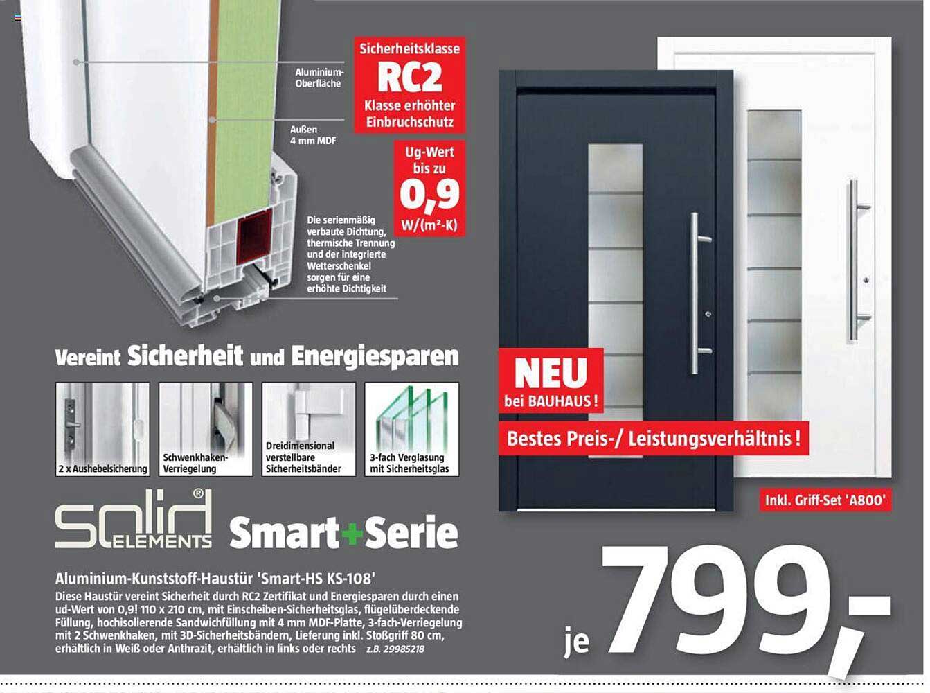 Bauhaus Solid Smart+serie Aluminium-kunststoff-haustür 'smart-hs Ks-108'