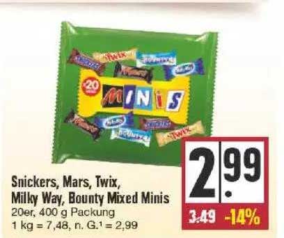 Bounty Angebot bei Milky Mixed Way, Minis Twix, EDEKA Mars, Snickers,