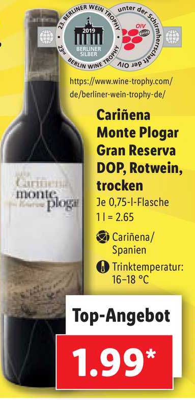 Rotwein, Angebot Dop, Trocken Plogar Reserva Gran Lidl Monte bei Cariñena