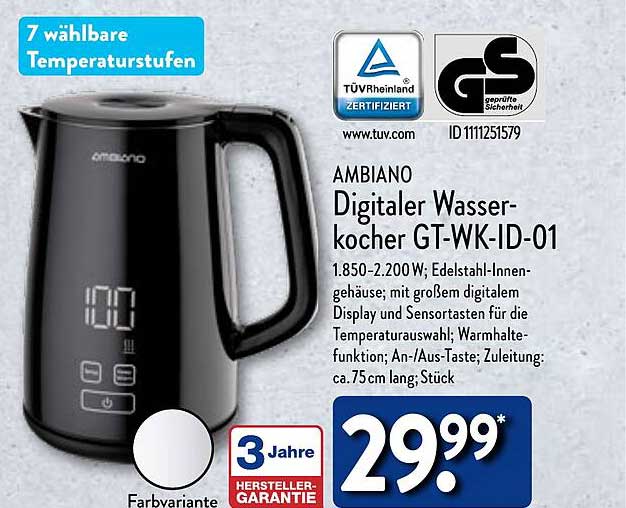 ALDI Nord Ambiano Digitaler Wasserkocher Gt-wk-id-01