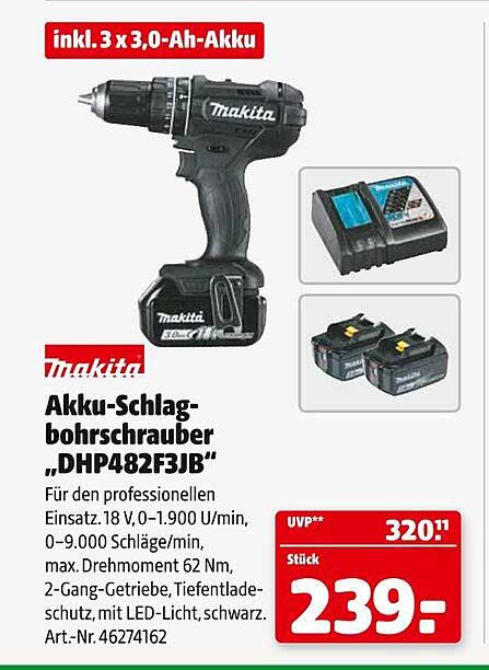 Makita Akkuschlagbohrschrauber „dhp482f3jb“ Angebot bei Hagebaumarkt