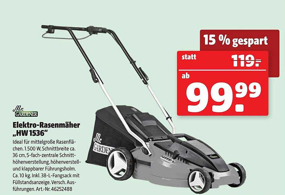 Mr. Gardener Elektrorasenmäher „hw1536“ Angebot bei Hagebaumarkt