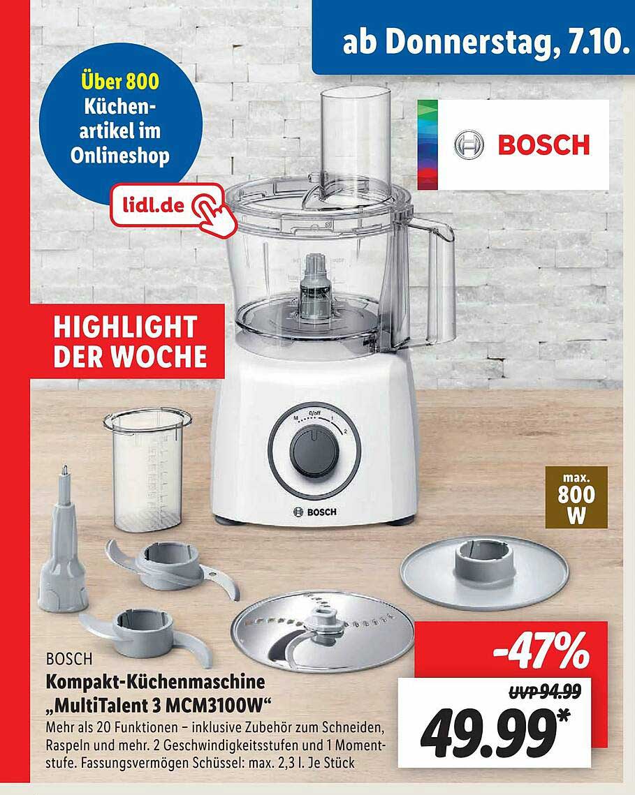 ziyaretçi çağırmak unutkan  Kompakt-küchenmaschine „multitalent 3 Mcm3100w” Bosch Angebot bei Lidl