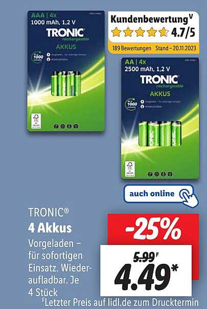 Tronic 4 Akkus Angebot bei Lidl 1Prospekte.de