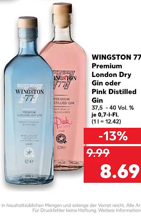 Kaufland Wingston 77 Premium London Dry Gin Oder Pink Distilled Gin