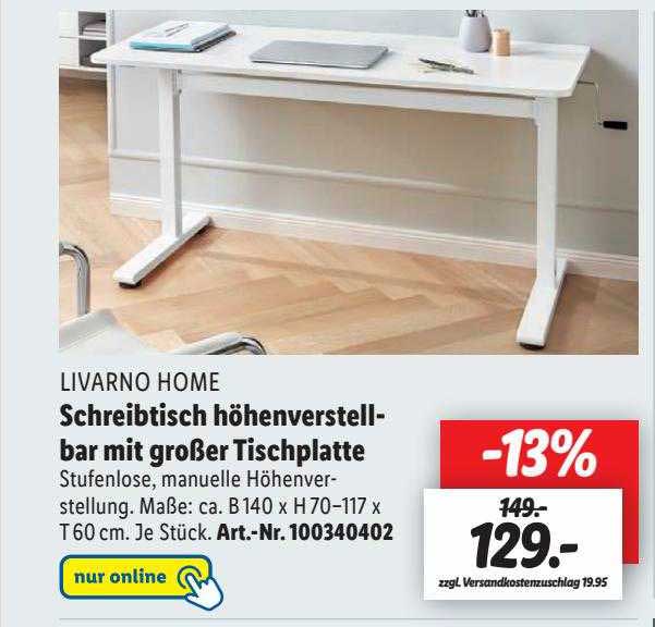 Livarno Home Schreibtisch Höhenverstellbar Mit Großer Tischplatte Angebot  bei Lidl