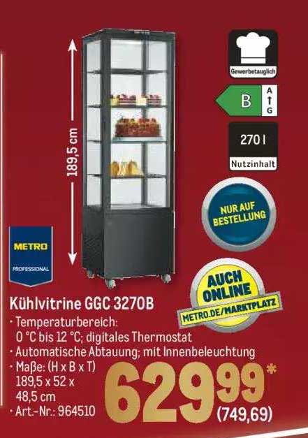 METRO Professional Kühlvitrine GCV1130 | 130 L, 0–12 °C, 2 Verstellbare Böden à 20 Kg – Schwarz/silber, LED-Beleuchtung, Umluftkühlung