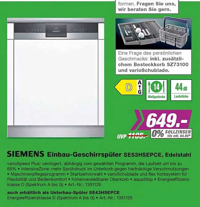 EP Siemens Einbau-geschirrspüler Se53hsepce Edelstahl