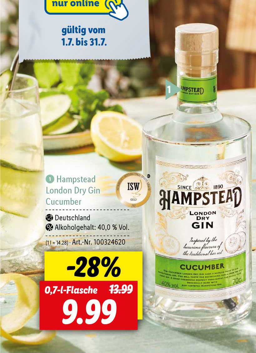 Hampstead London Dry Gin Cucumber Angebot bei Lidl
