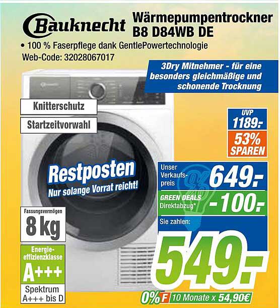 Bauknecht Wärmepumpentrockner B8 D84wb bei Expert De Angebot Klein