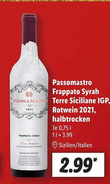 Passomastro Frappato Syrah Terre Siciliane Igp, Rotwein 2021, bei Angebot Lidl Halbtrocken