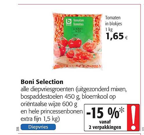 Boni Selection Alle Diepvriesgroenten Tomaten In Blokjes 1 Kg nbieding Bij Colruyt