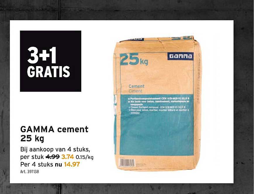 3+1 Gratis Gamma Cement 25 Kg Aanbieding bij GAMMA