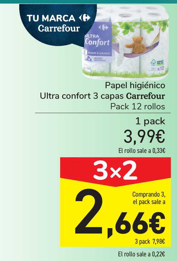 Carrefour Papel higiénico 3 capas ultra confort Carrefour 12 rollos