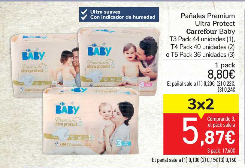 Oferta 3x2 Pañales Premium Ultra Protect Carrefour Baby T3, T4 O T5