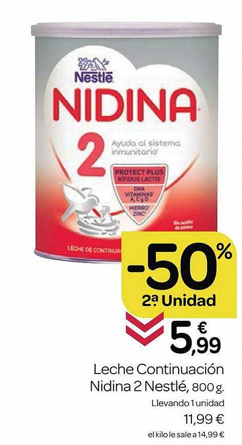 Oferta -50% 2a Unidad Leche Continuación Nidina 2 Nestlé en Supermercados  El Jamón 