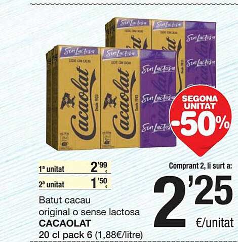 SPAR Segona Unitat -50% Batut Cacau Original O Sense Lactosa Cacaolat
