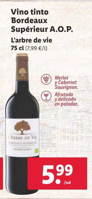 Oferta Vino Tinto Bordeaux Supérieur A.o.p. Vie L\'arbre en LIDL De