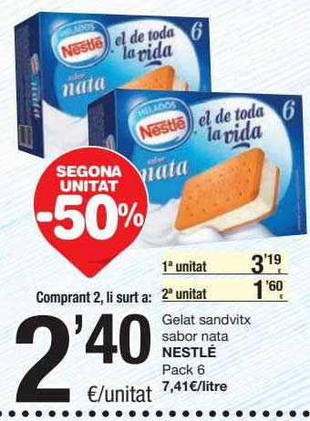SPAR Fragadis Segona Unitat -50% Gelat Sandvitx Sabor Nata Nestlé Pack 6