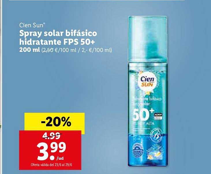 Oferta Cien Sun Spray Solar Bifásico Hidratante Fps 50+ en LIDL